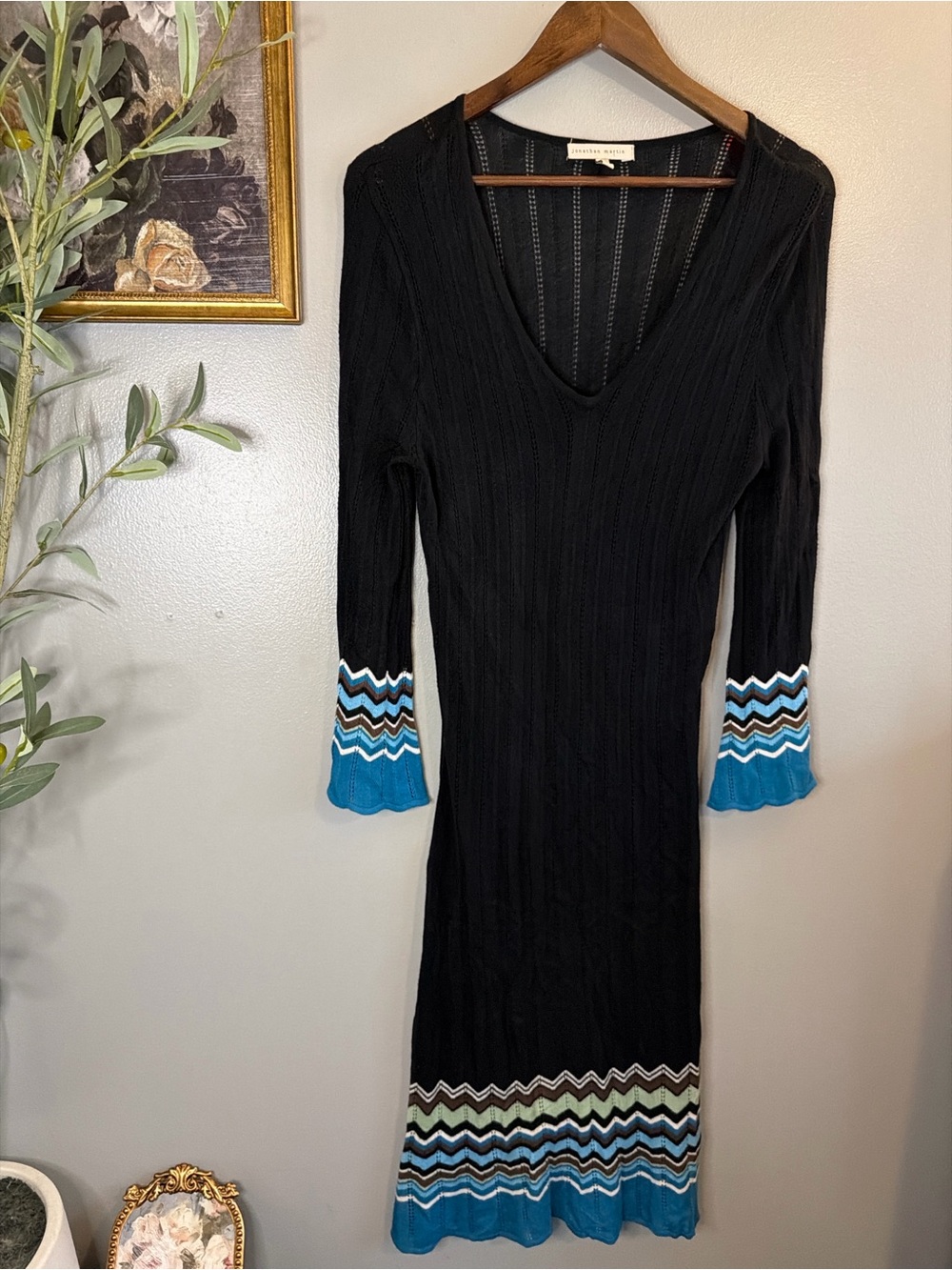 Jonathan Martin Knit Sweater Dress XL | Y2K Chevron Trim Midi Dress - Picture 3 of 6